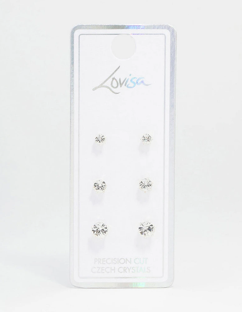 Silver Plated Hexagon Czech Bohemia Crystal Stud Earrings 3-Pack