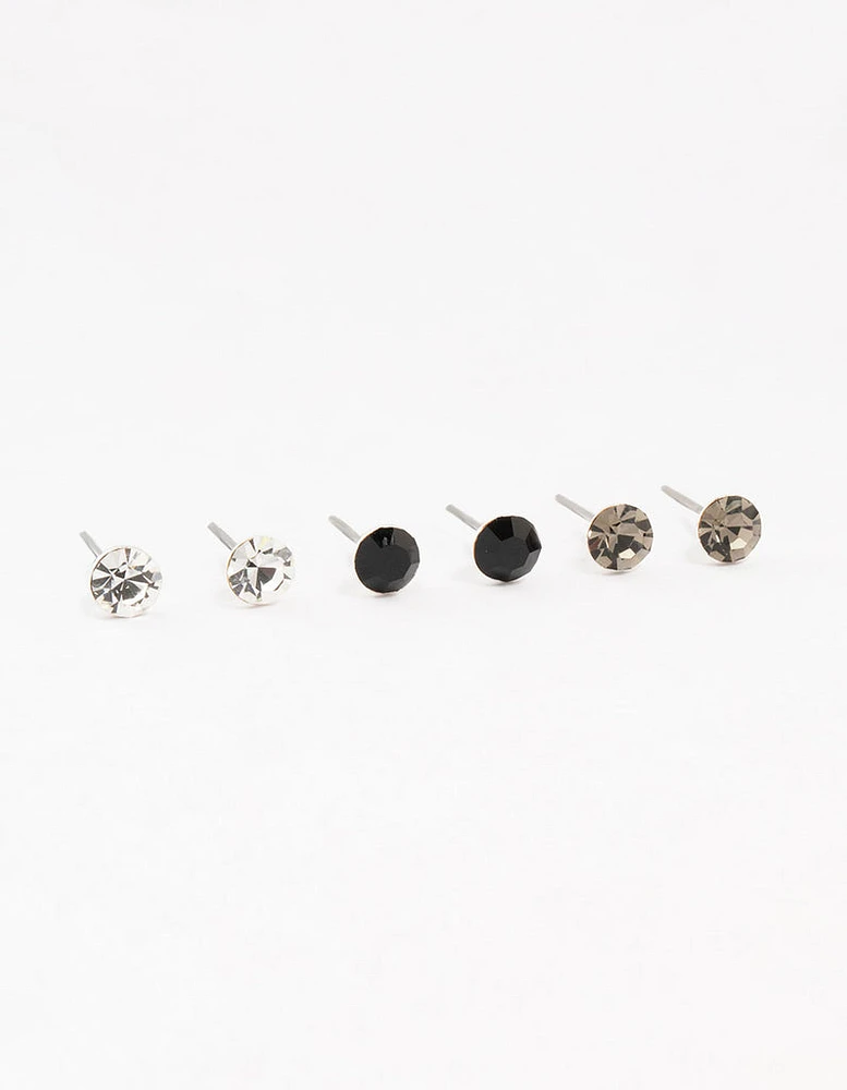 Silver & Black Circular Bohemia Czech Crystal Stud Earrings 3-Pack