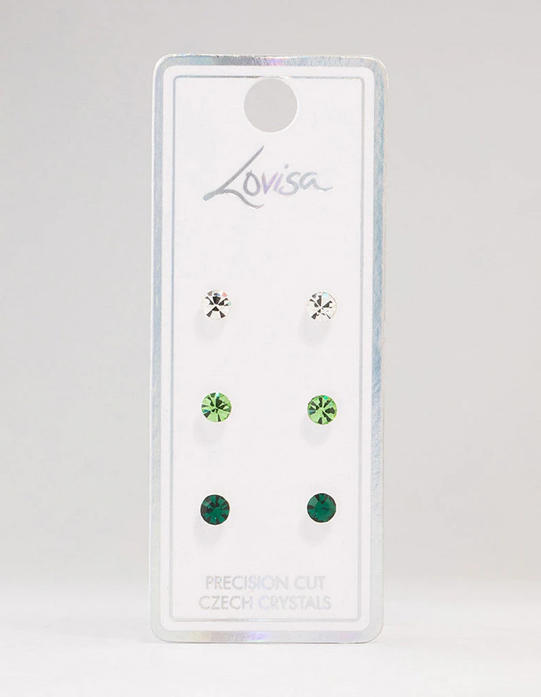 Green Circular Bohemia Czech Crystal Stud Earrings 3-Pack