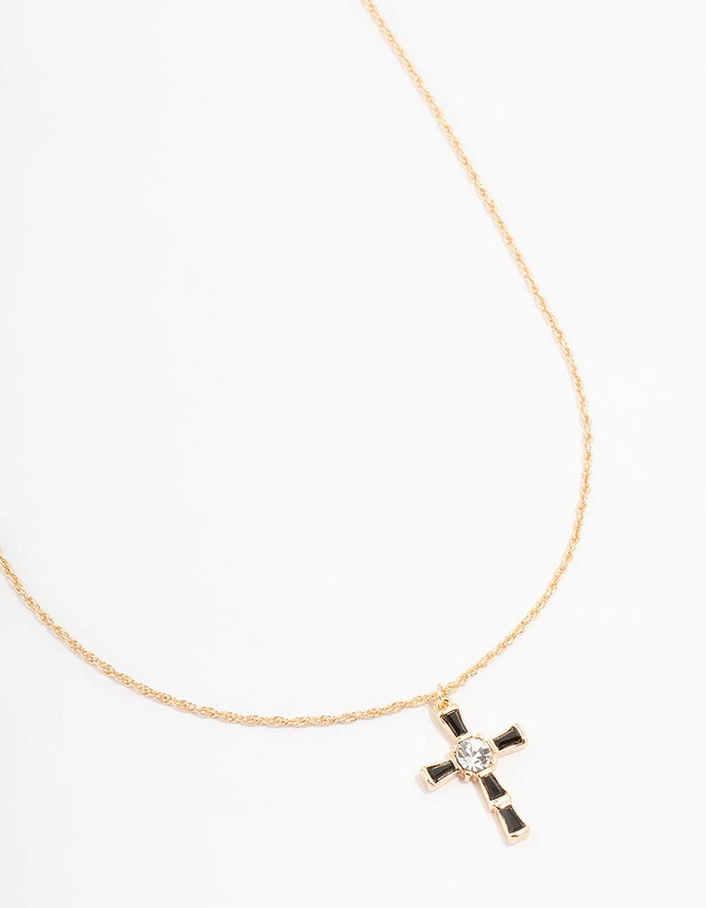 Gold  Baguette Czech Crystal Cross Necklace