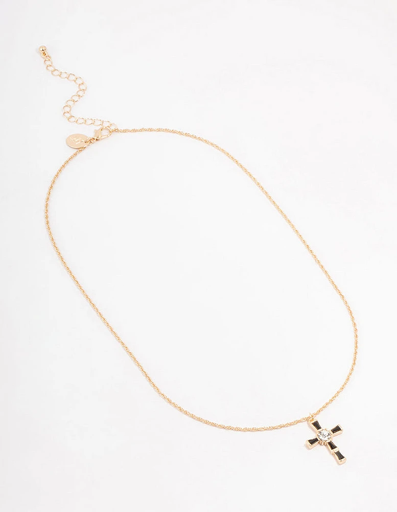 Gold  Baguette Czech Crystal Cross Necklace