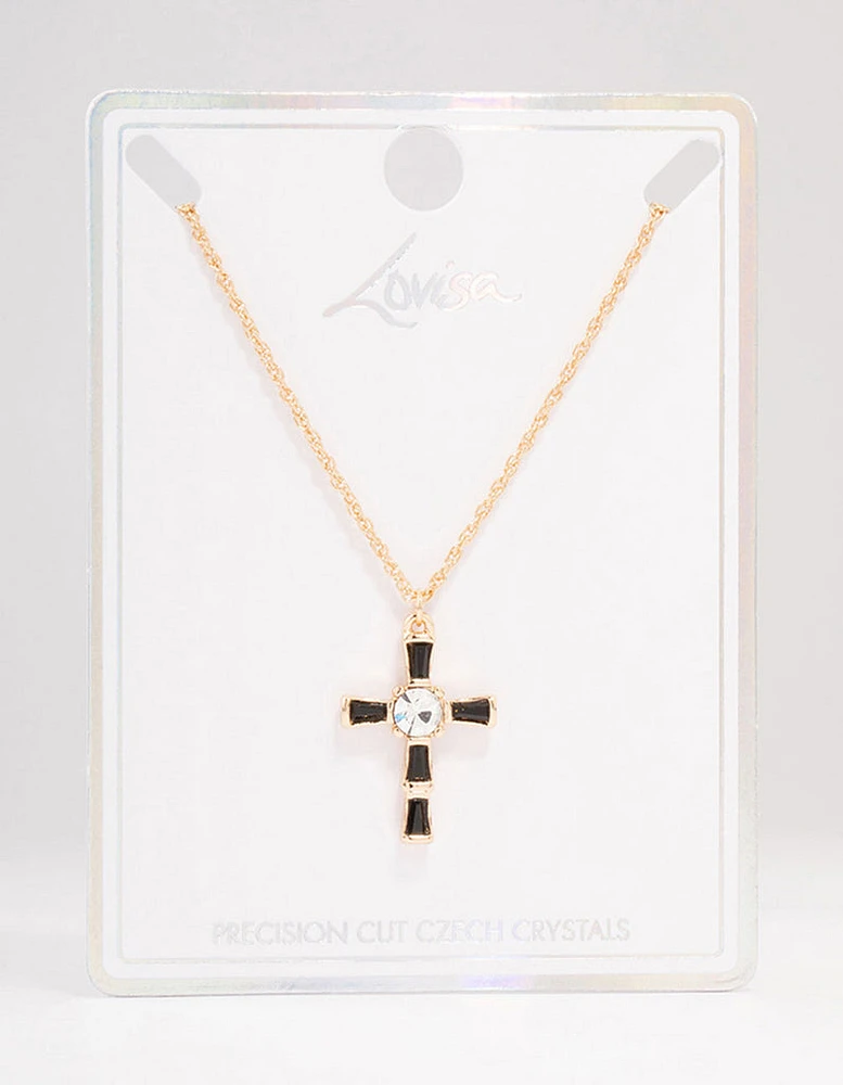 Gold  Baguette Czech Crystal Cross Necklace