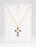 Gold  Baguette Czech Crystal Cross Necklace