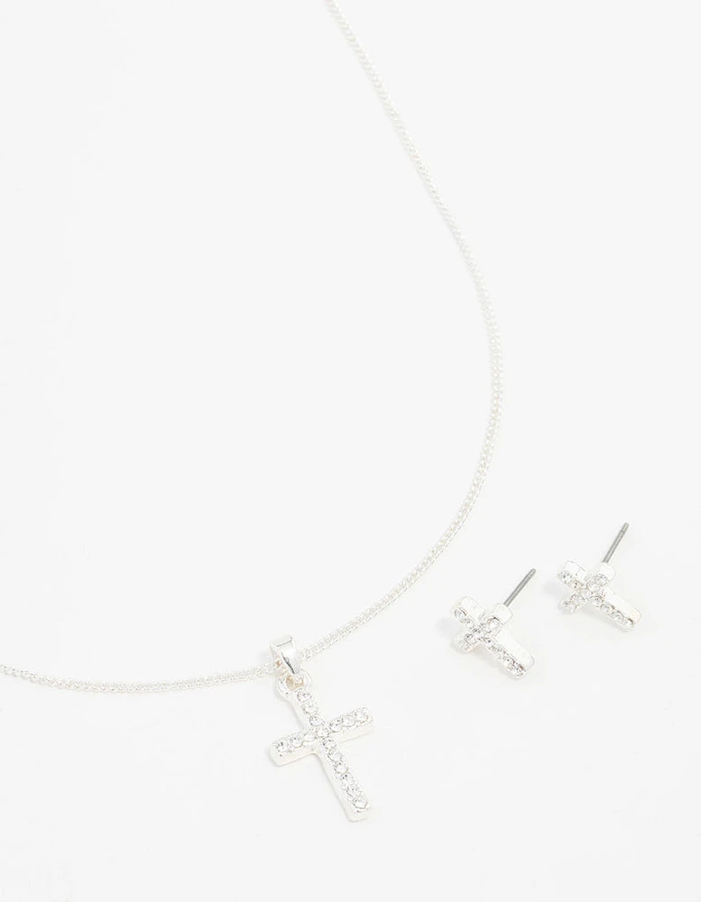 Silver Bohemia Czech Crystal Cross Necklace & Stud Earring Set