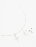 Silver Bohemia Czech Crystal Cross Necklace & Stud Earring Set