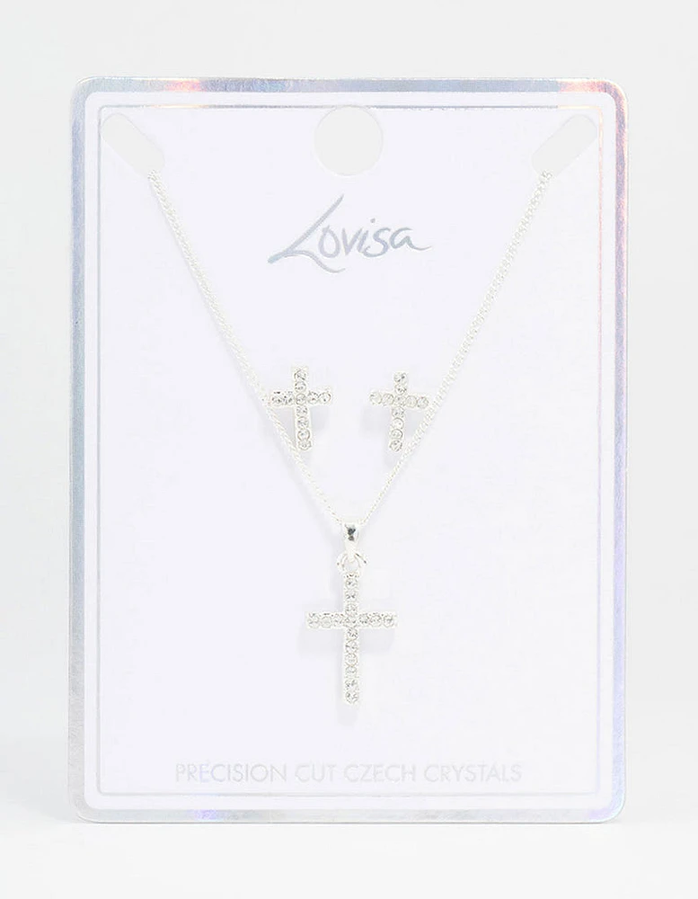 Silver Bohemia Czech Crystal Cross Necklace & Stud Earring Set