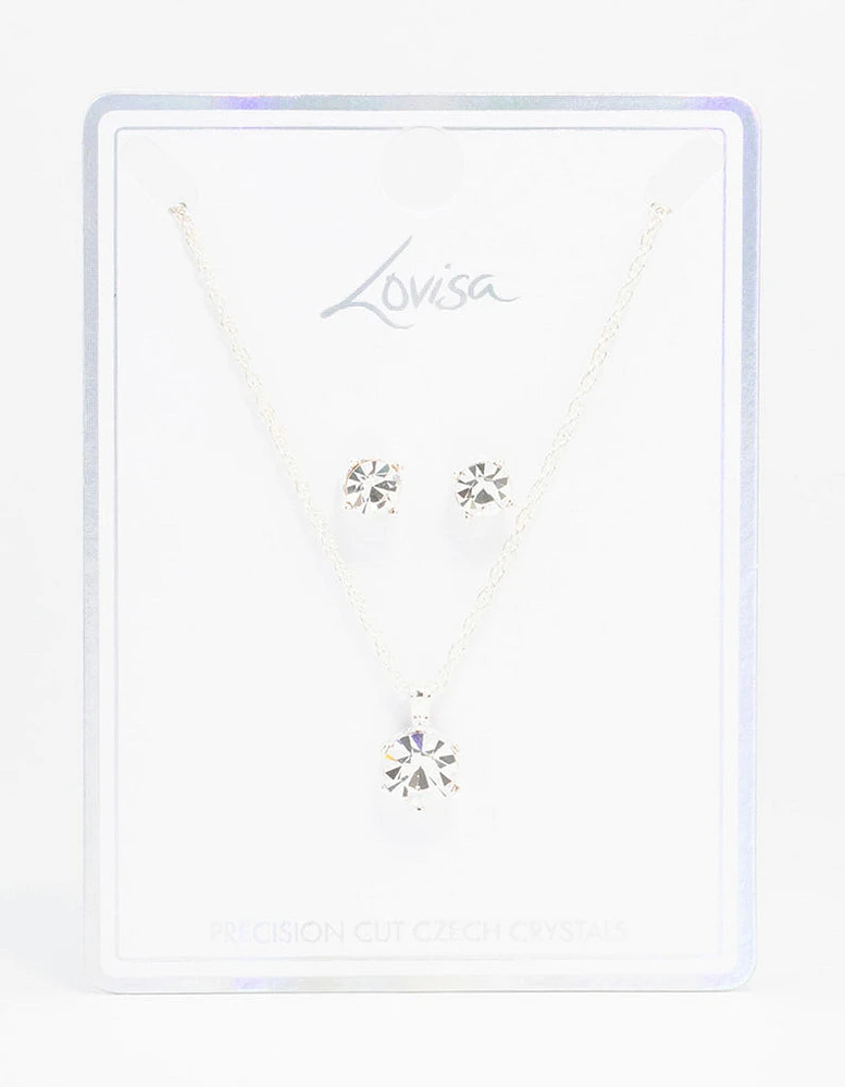 Silver Solitaire Bohemia Czech Crystal Droplet Necklace & Stud Earrings Set