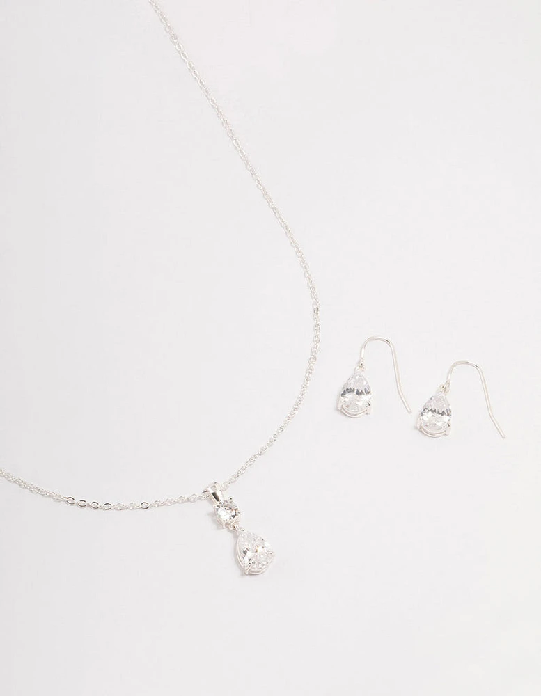 Silver Pear Czech Crystals Drop Necklace & Earring Set