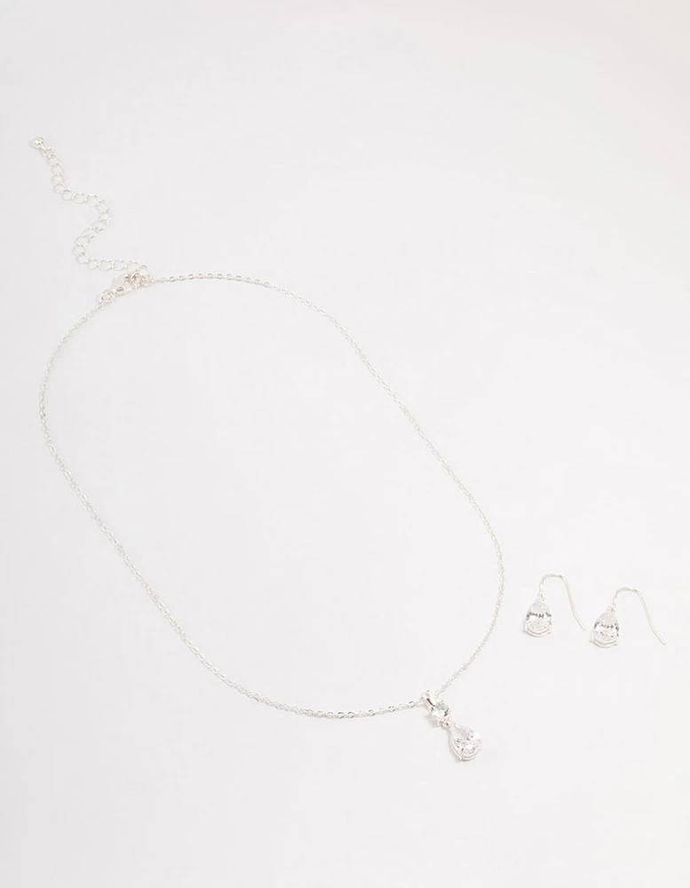 Silver Pear Czech Crystals Drop Necklace & Earring Set