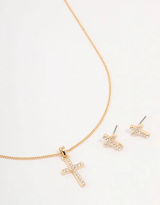 Gold Bohemia Czech Crystal Cross Necklace & Stud Earrings Set