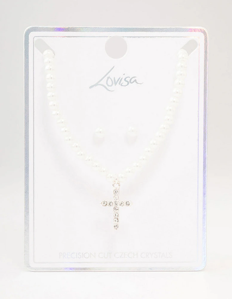 Silver Bohemia Czech Crystal Cross Necklace & Pearl Earrings Set