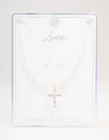 Silver Bohemia Czech Crystal Cross Necklace & Pearl Earrings Set