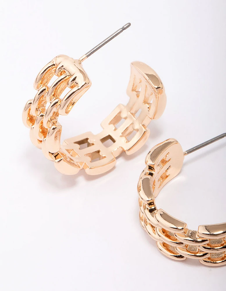 Gold Rectangular Link Huggie Hoop Earrings