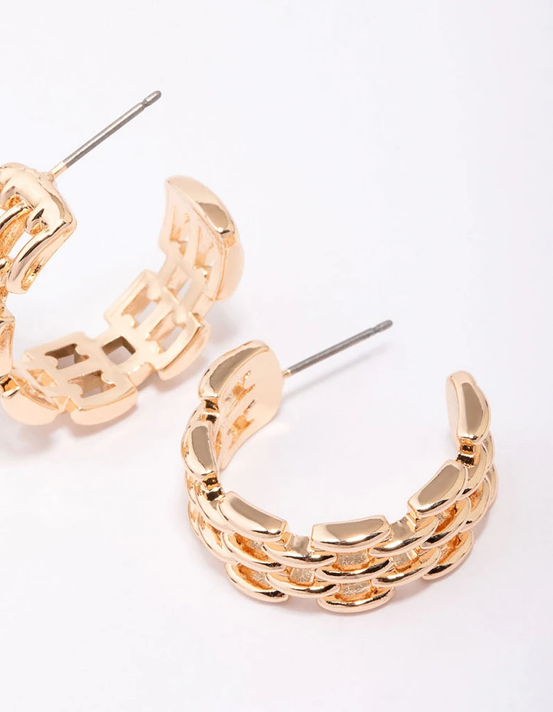 Gold Rectangular Link Huggie Hoop Earrings