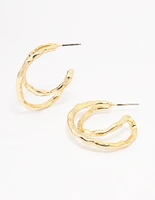 Gold Textured Cross Over Hoop Earrings