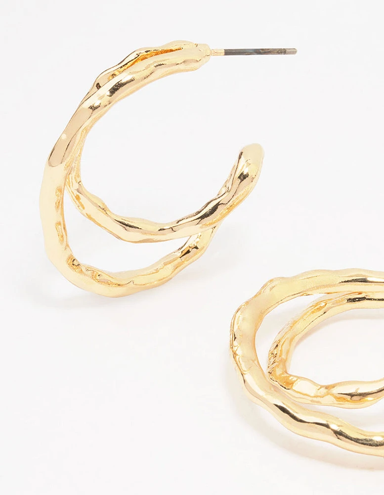 Gold Textured Cross Over Hoop Earrings