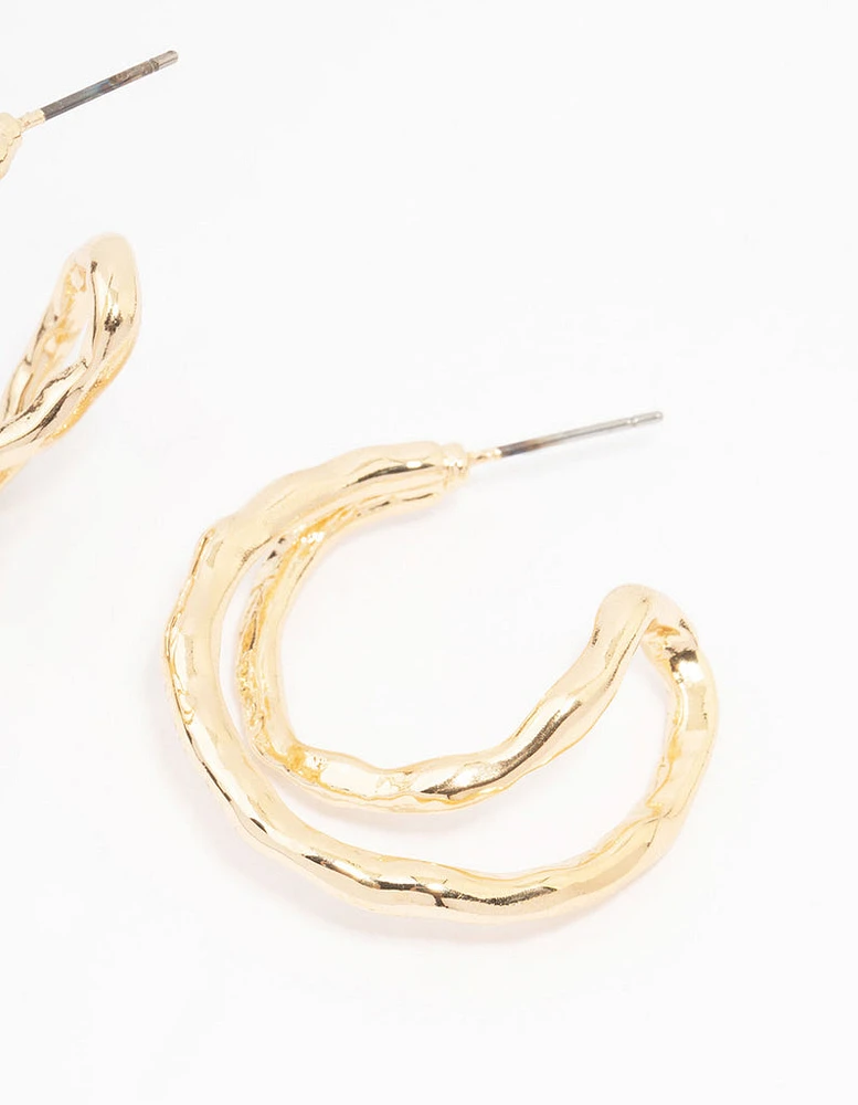 Gold Textured Cross Over Hoop Earrings