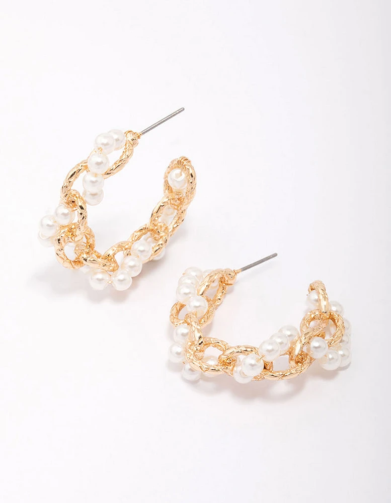 Gold Interlocking Pearl Hoop Earrings