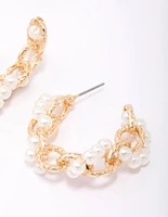 Gold Interlocking Pearl Hoop Earrings