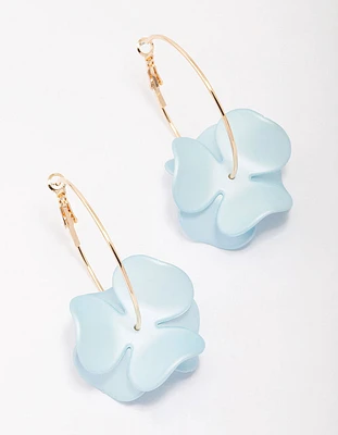 Gold Blue Iridescent Flower Hoop Earrings