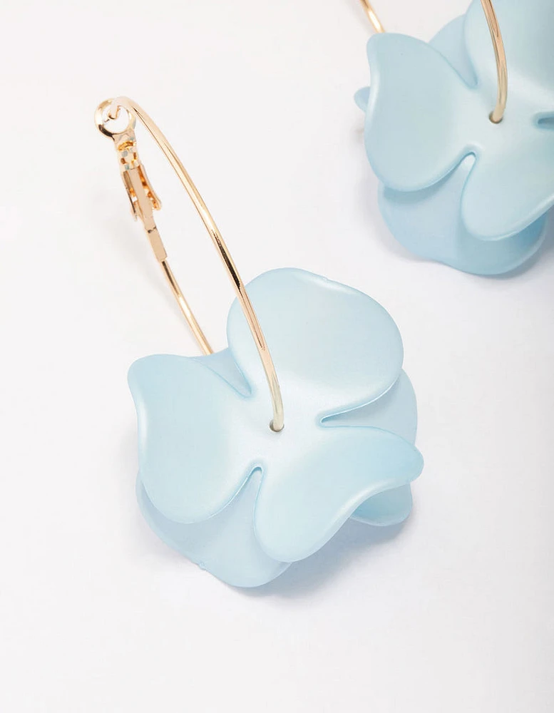 Gold Blue Iridescent Flower Hoop Earrings