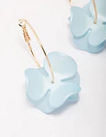 Gold Blue Iridescent Flower Hoop Earrings