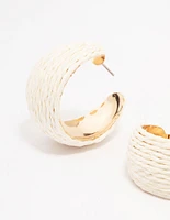 Gold Wide Cream Wrapped Fabric Hoop Earrings