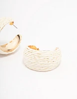 Gold Wide Cream Wrapped Fabric Hoop Earrings