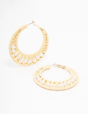 Cream Woven Raffia Fabric Hoop Earrings