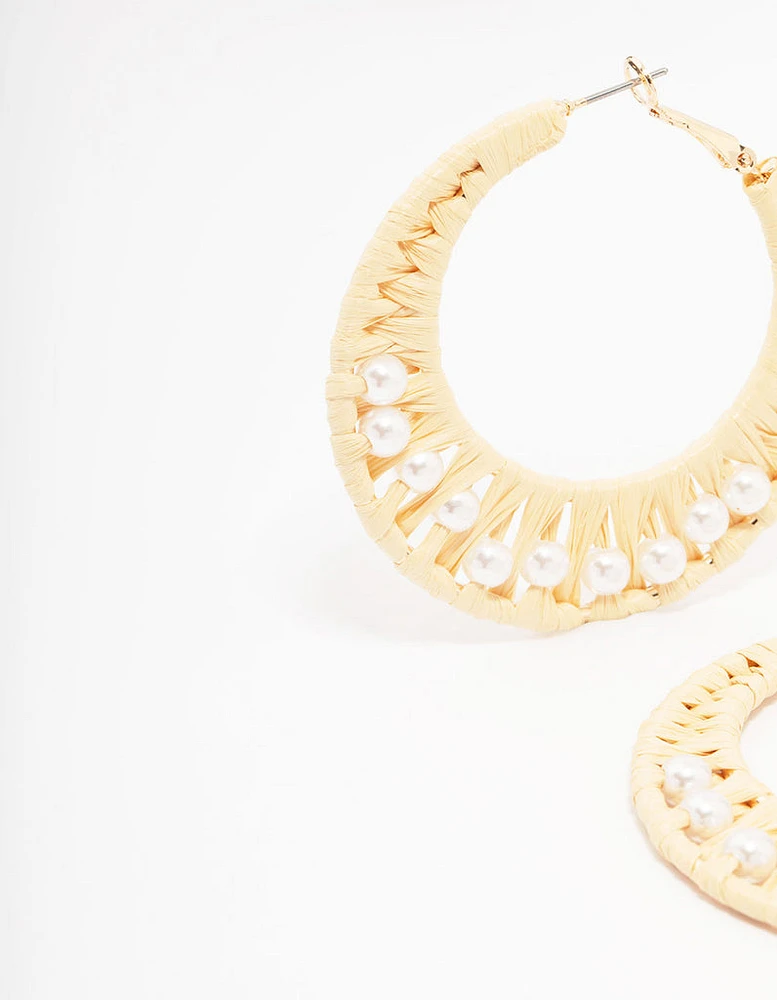 Cream Woven Raffia Fabric Hoop Earrings