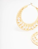 Cream Woven Raffia Fabric Hoop Earrings