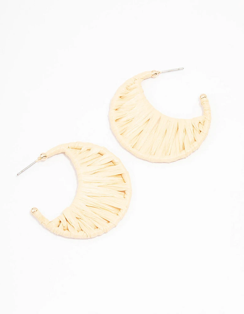 Cream Woven Raffia Crescent Hoop Earrings