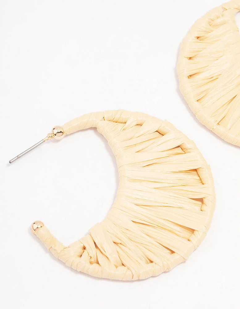 Cream Woven Raffia Crescent Hoop Earrings