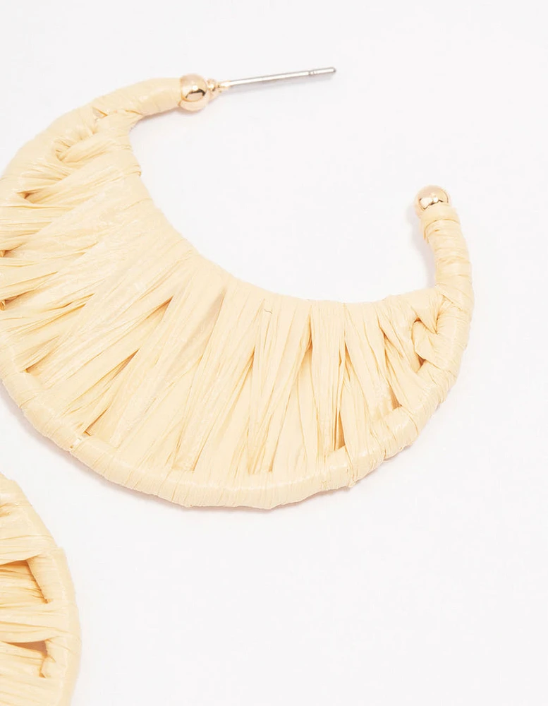 Cream Woven Raffia Crescent Hoop Earrings