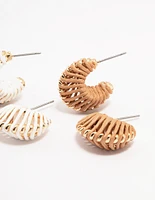 Neutral Raffia Wrapped Huggie Hoop Earring Pack