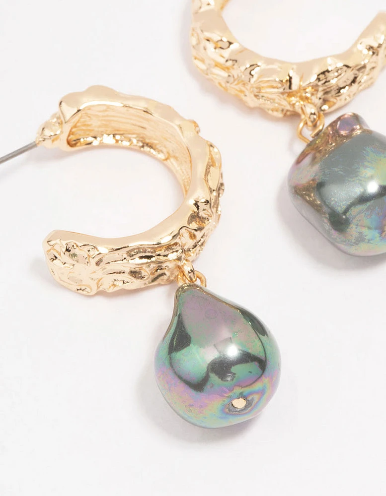 Gold Wide Holographic Pearl Drop Earrings