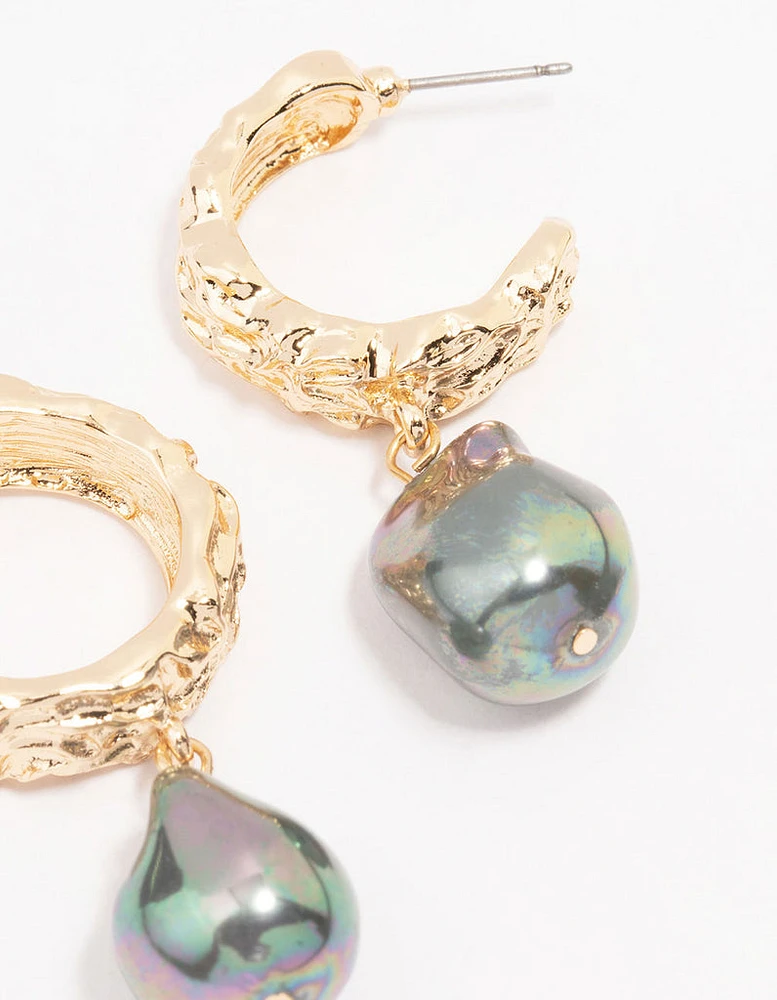 Gold Wide Holographic Pearl Drop Earrings