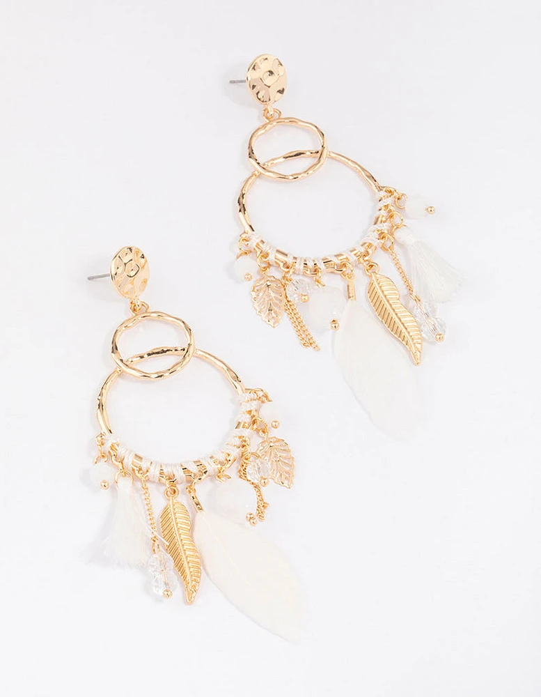 Gold Thread Feather Beaded Drop Earrings