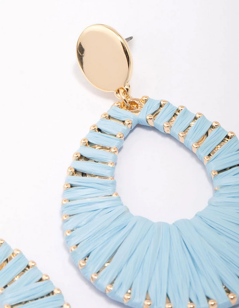 Gold & Blue Raffia Oval Drop Earrings