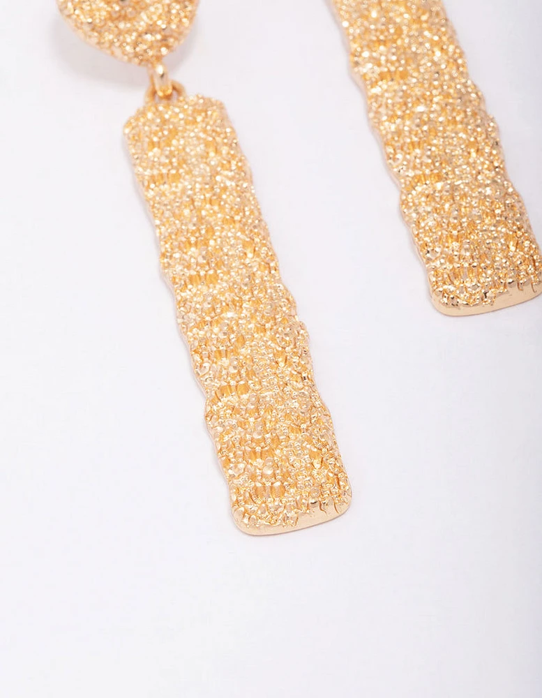 Gold Long Rectangular Textured Drop Earrings