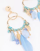 Gold Thread Blue Feather Drop Earrings