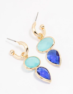 Gold Blue Organic Stone Drop Earrings