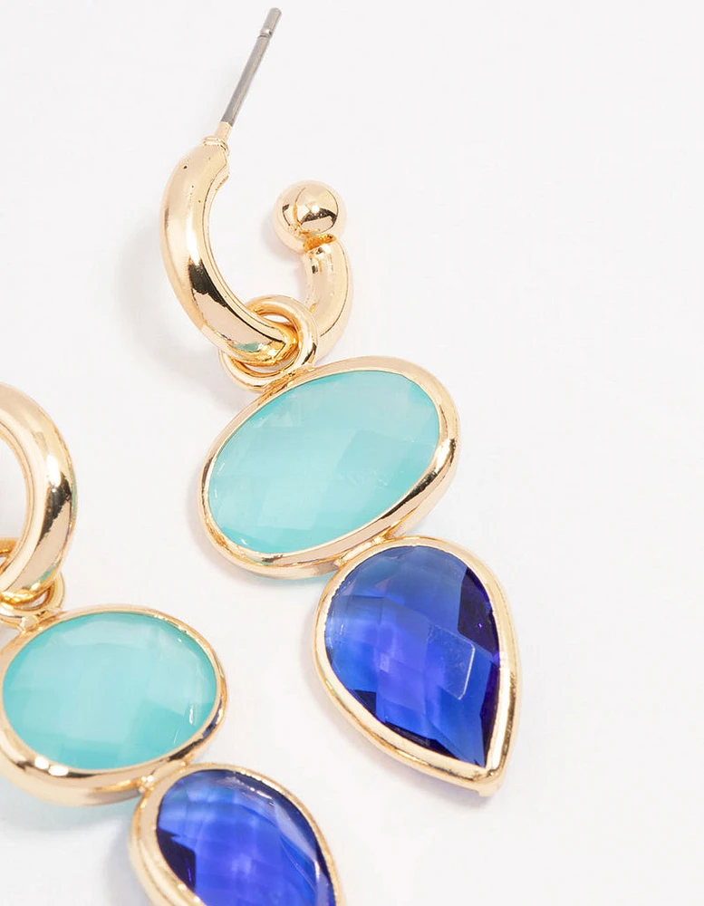 Gold Blue Organic Stone Drop Earrings