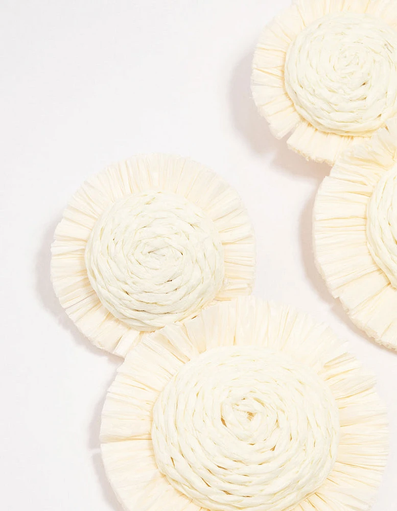 White Raffia Round Graduating Drop Earrings