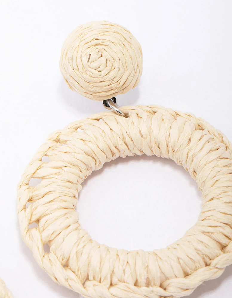 Cream Raffia Wrapped Circle Drop Earrings