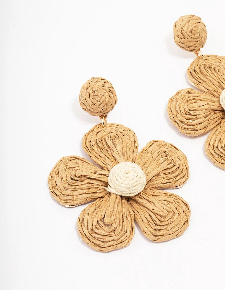 Neutral Raffia Flower Drop Earrings