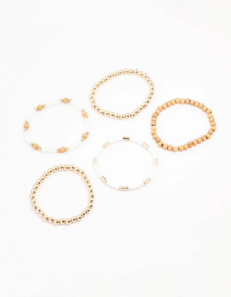 Gold & Wooden Beaded Bracelet 5-Pack