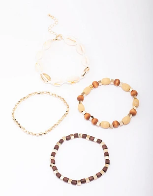 Neutral Wide Shell Stretch Beaded Bracelet 4-Pack