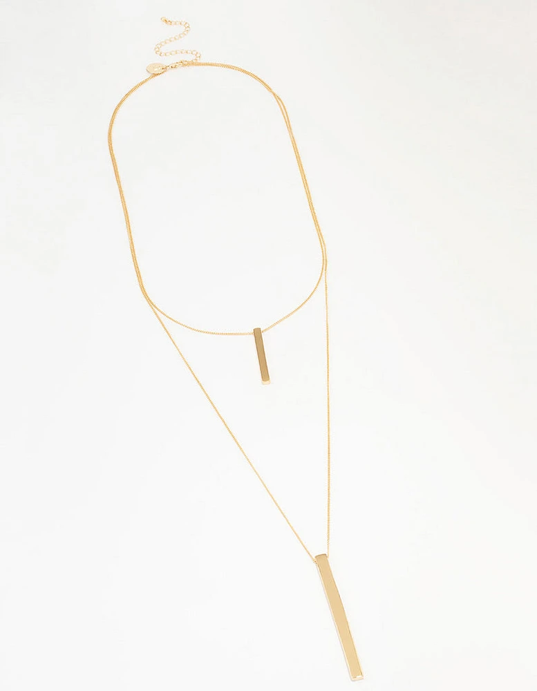 Gold Double Row Long Bar Necklace