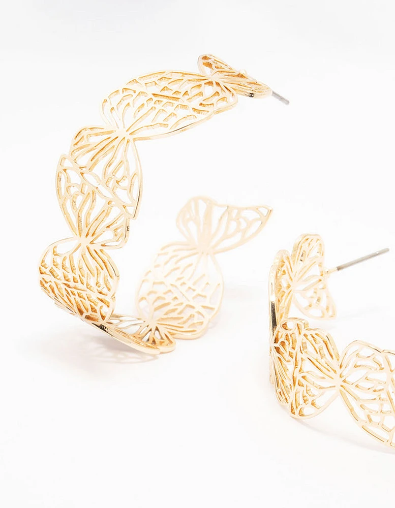 Gold Butterfly Flat Hoop Earrings